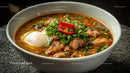 Spicy Beef Noodle Soup with Poached Egg and Green Onion