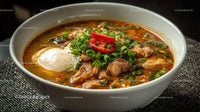 Spicy Beef Noodle Soup with Poached Egg and Green Onion