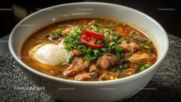 Spicy Beef Noodle Soup with Poached Egg and Green Onion
