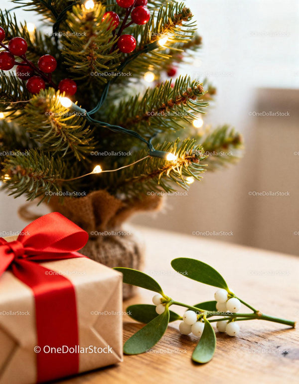 Cozy Christmas Gift with Misteltoe and Festive Tree Lights