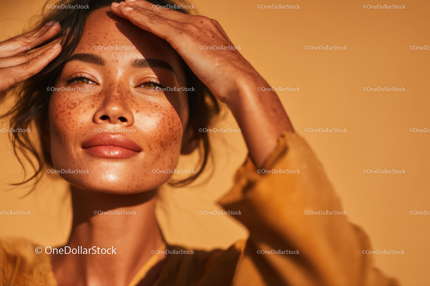 Freckled Woman Smiling in Warm Sunlight Outdoor Portrait