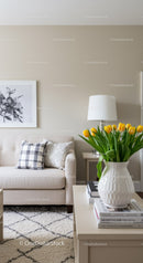 Modern Living Room with Yellow Tulips and Stylish Decor