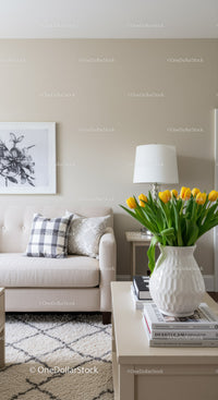 Modern Living Room with Yellow Tulips and Stylish Decor