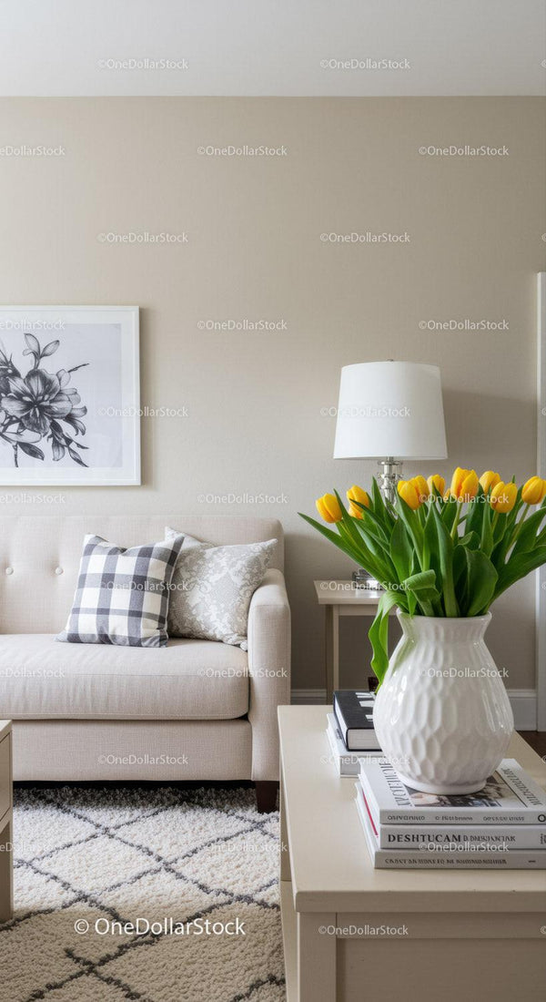 Modern Living Room with Yellow Tulips and Stylish Decor