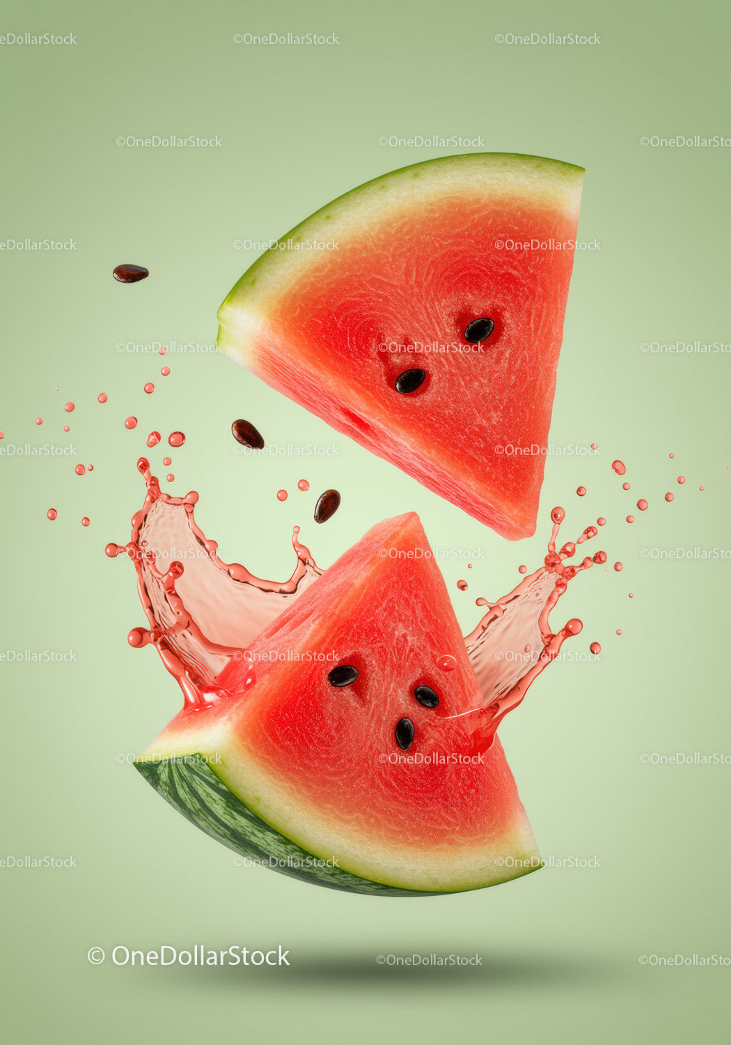 Two watermelon slices with splash and seeds flying