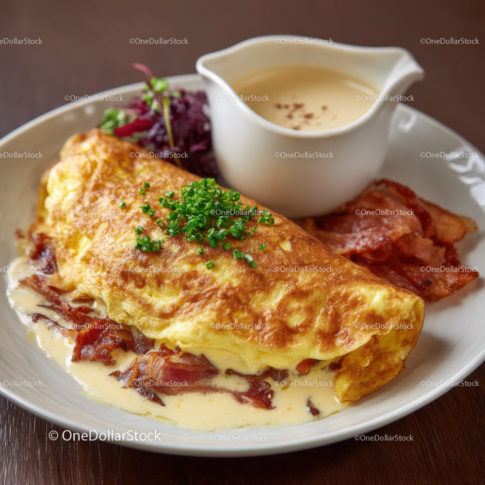 Delicious Egg Omelet with Bacon and Creamy Sauce for Breakfast