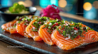 Fresh Salmon Filets with Herbs and Peppercorns on Rustic Plate