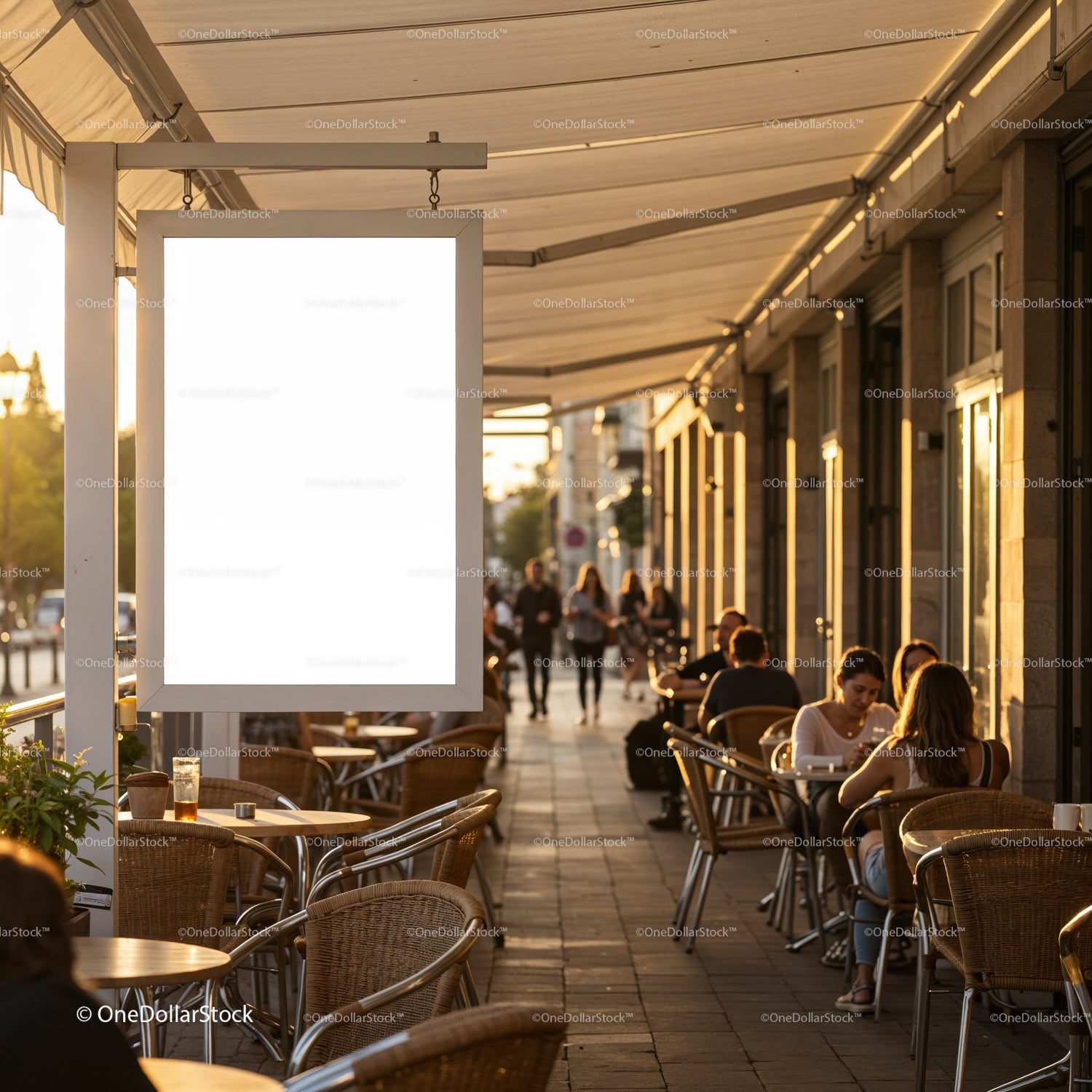 Cozy outdoor cafe with golden hour sunlight