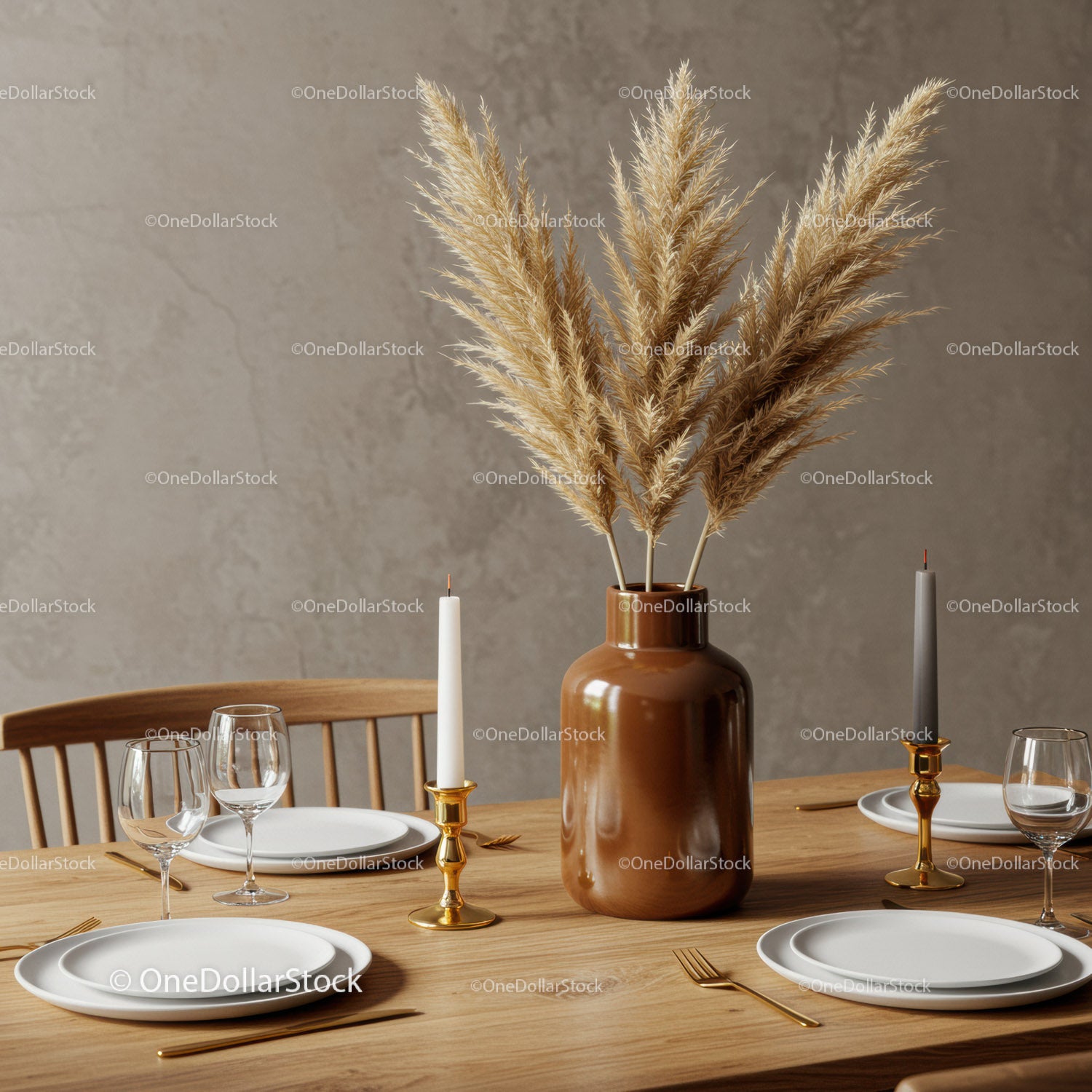 Elegant Modern Dining Table with Pampas Grass and Gold Accents
