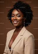 Elegant Woman with Natural Curly Hair Wearing a Beige Blazer