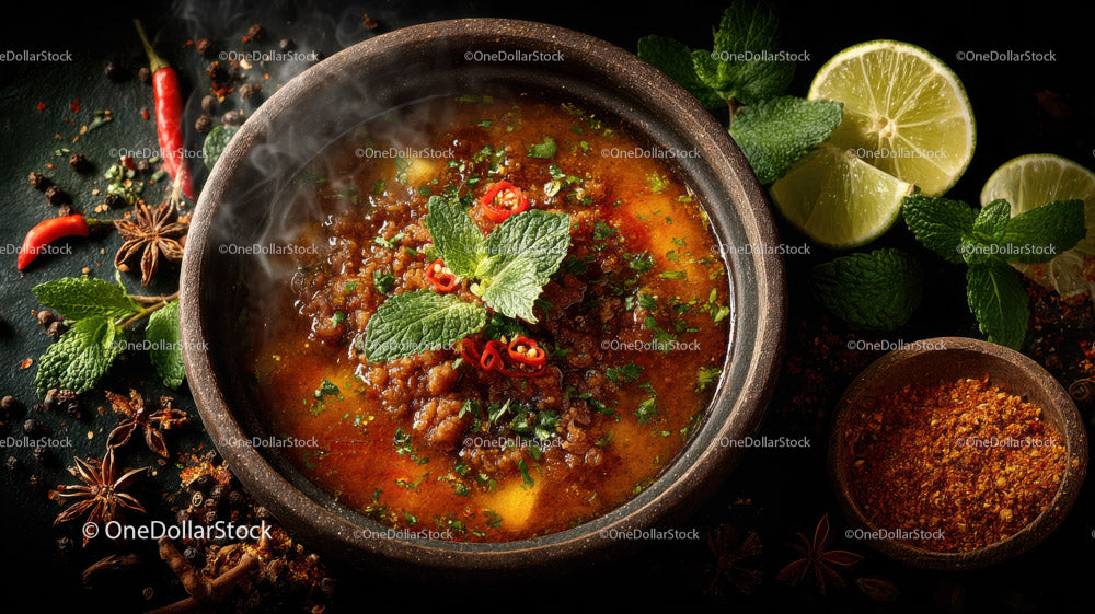 Spicy Asian Beef Stew with Rice and Fresh Herbs in a Black Stone Bowl