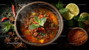 Spicy Asian Beef Stew with Rice and Fresh Herbs in a Black Stone Bowl