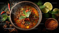 Spicy Asian Beef Stew with Rice and Fresh Herbs in a Black Stone Bowl