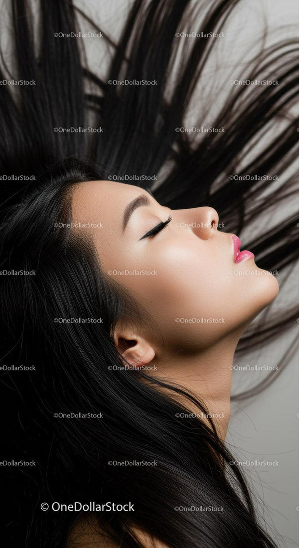 Profile of serene woman with flowing black hair
