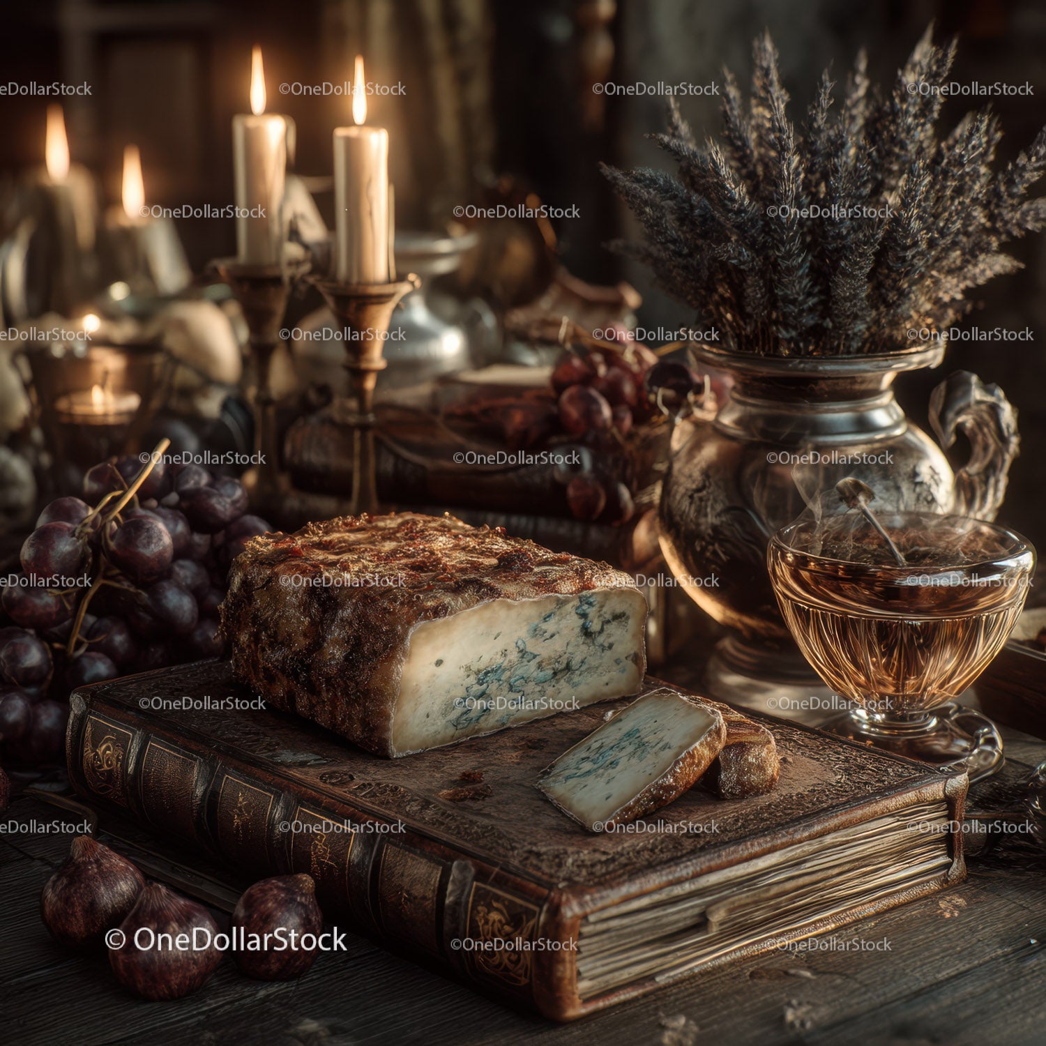 Rustic Cheese and Fruit Arrangement with Vintage Decor and Candlelight