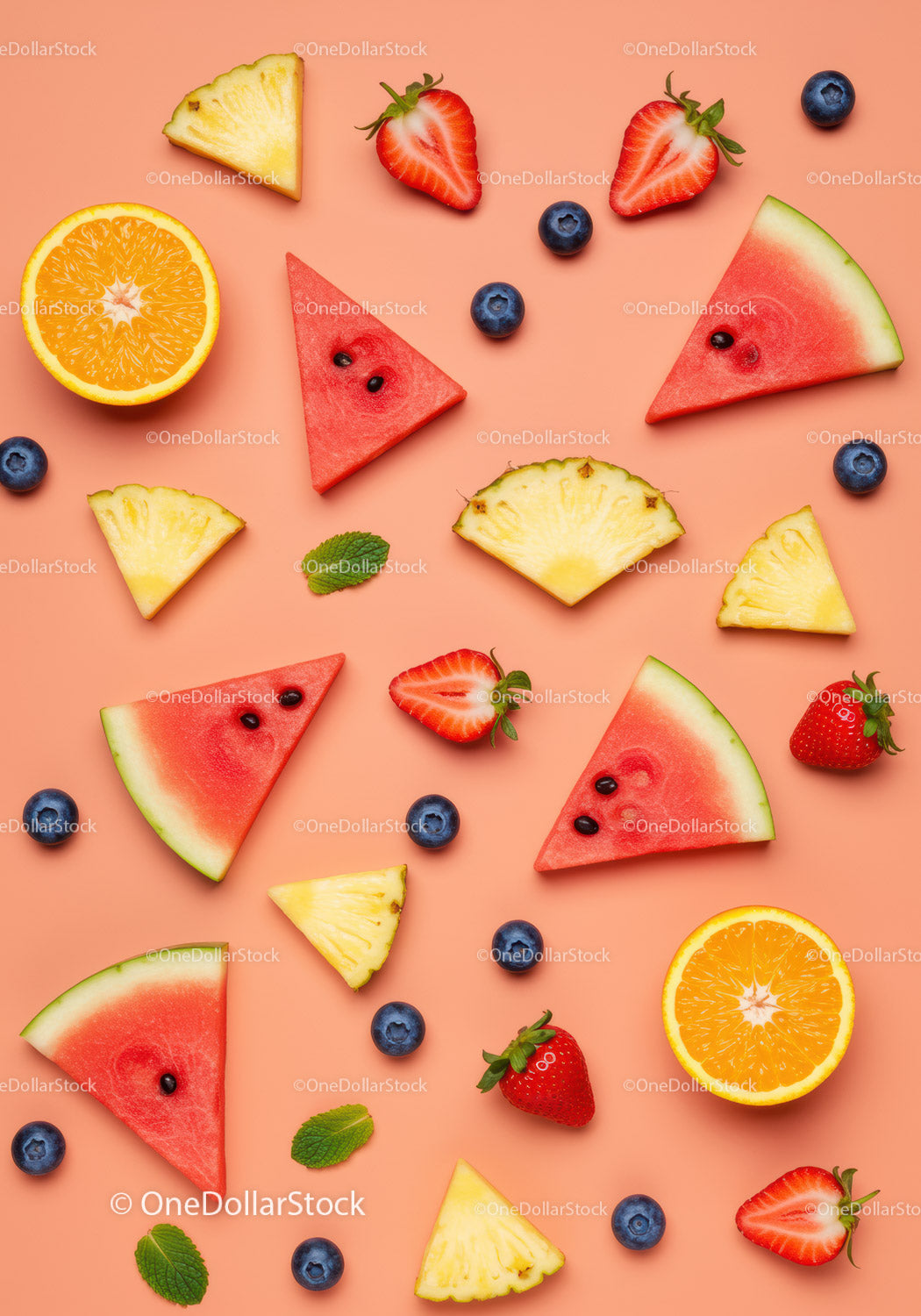 Fresh summer fruits slices on peach background