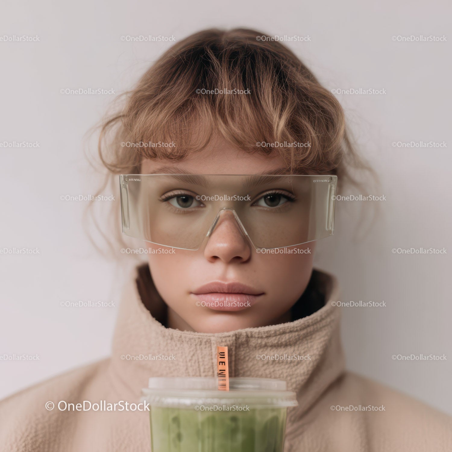 Young Girl with Curly Hair Wearing Glasses Drinking Green Smoothie