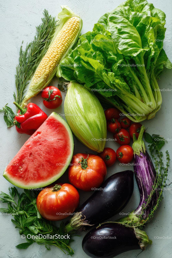 Fresh Assorted Vegetables with Tomatoes Lettuce Bell Pepper Eggplant and Corn