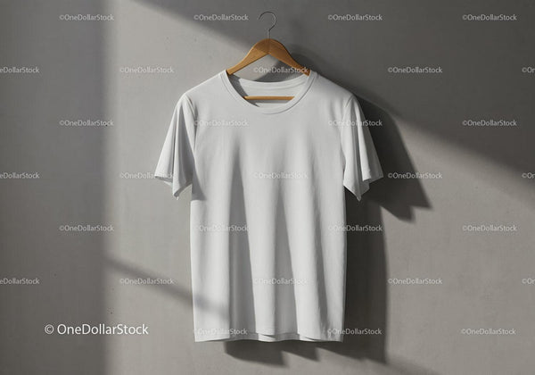 Plain white t shirt hanging on wooden hanger indoors JPG Mockup Image
