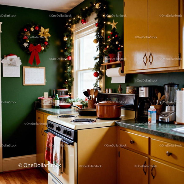 Cozy kitchen decorated for Christmas with garlands