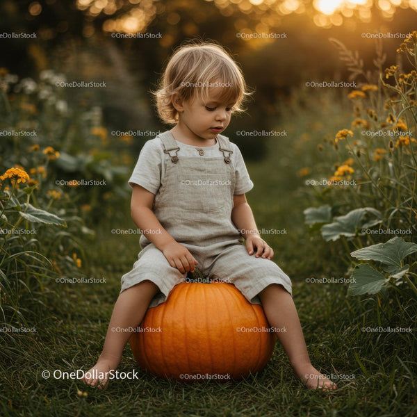 Toddler Sitting on Large Pumpkin in Autumn Garden
