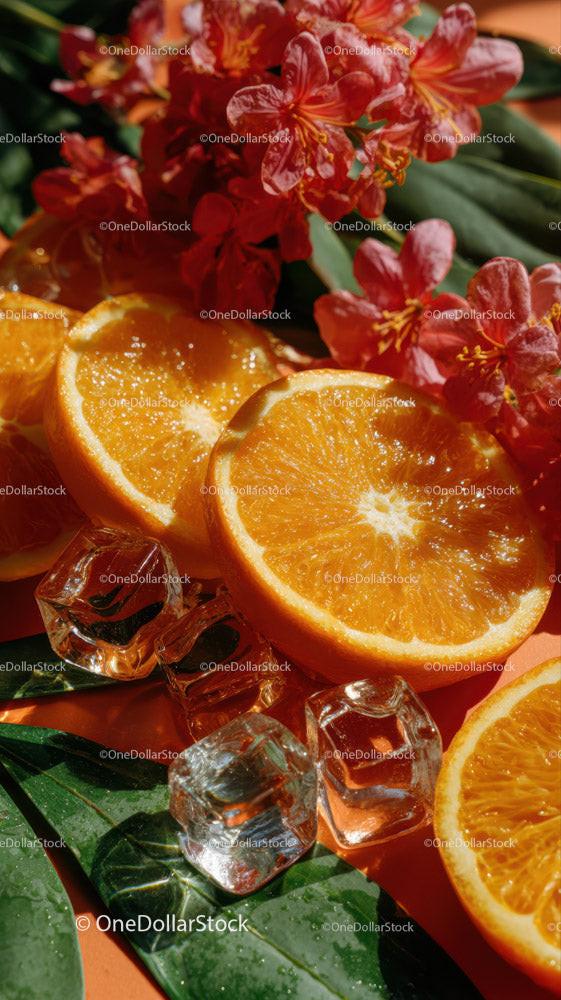 Fresh Orange Slices with Ice Cubes and Red Flowers on Green Leaves