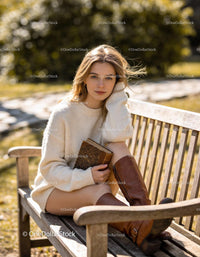 Young woman sitting on park bench holding an old book