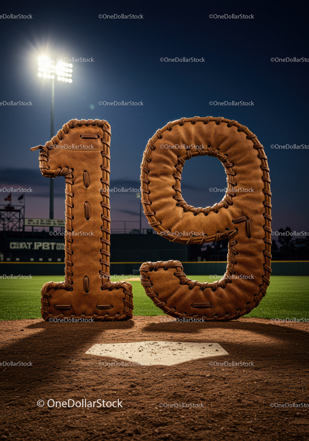 Nighttime Baseball Field with Leather Glove Number Nineteen
