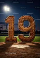Nighttime Baseball Field with Leather Glove Number Nineteen