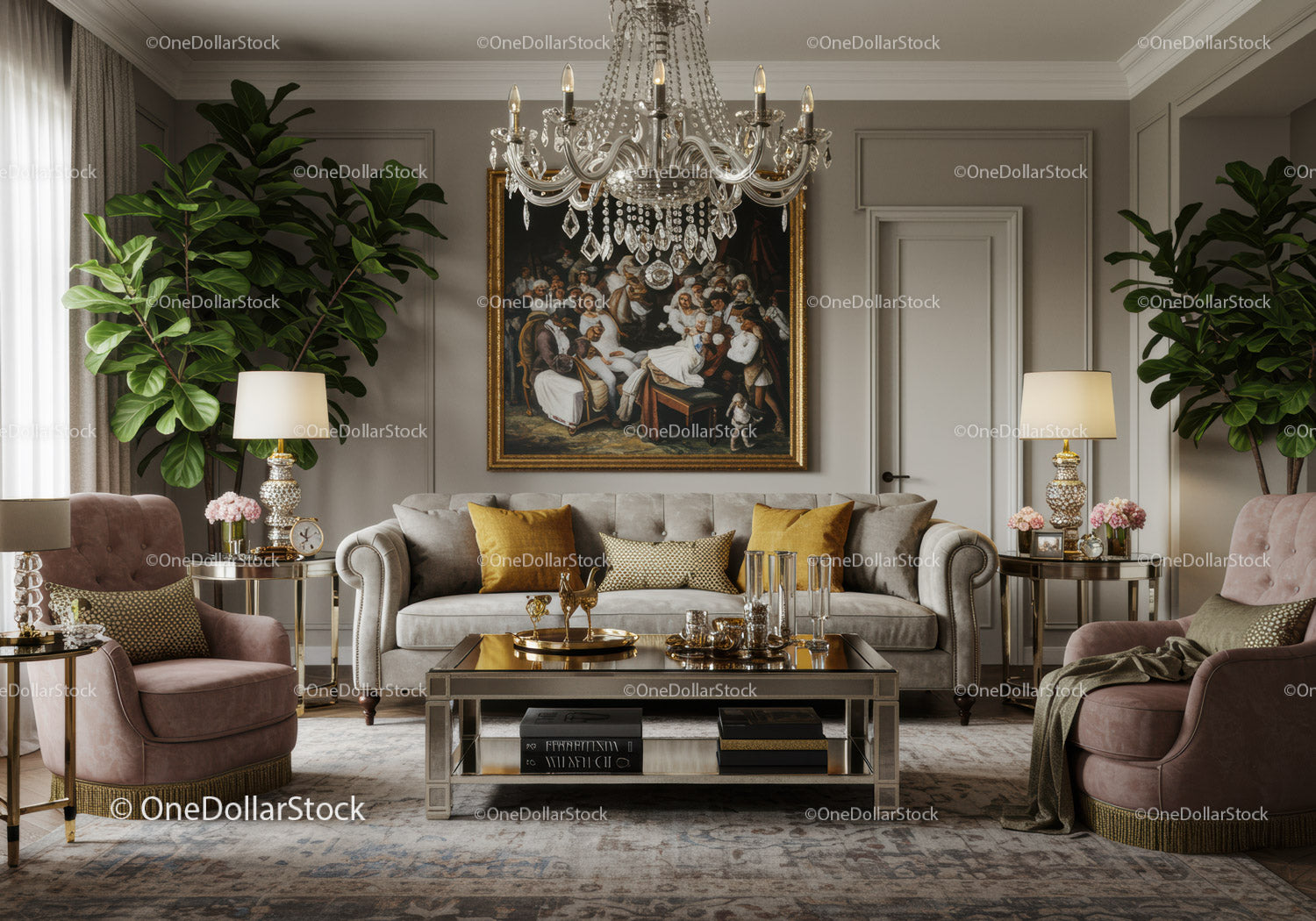 Elegant living room with classic decor and chandelier