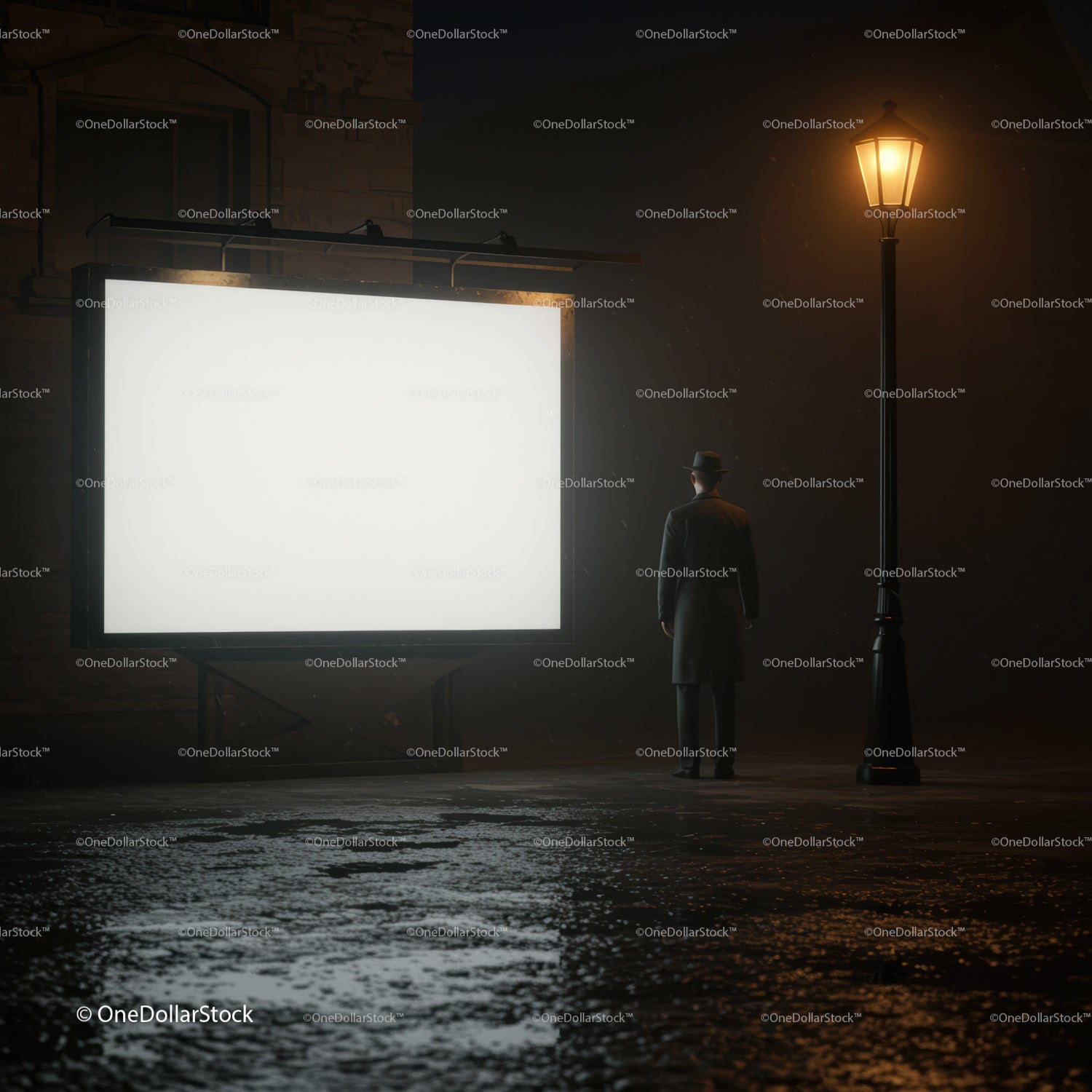 Mężczyzna w płaszczu stojący przy oświetlonym billboardzie nocą