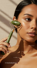 Close-Up of Young Woman Using Jade Roller for Facial Massage