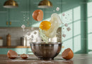 Fresh egg cracking into metal bowl with flying sugar cubes