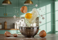 Fresh egg cracking into metal bowl with flying sugar cubes
