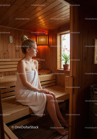 Young Woman Relaxing in Wood Sauna Room with Towels and Green Plant