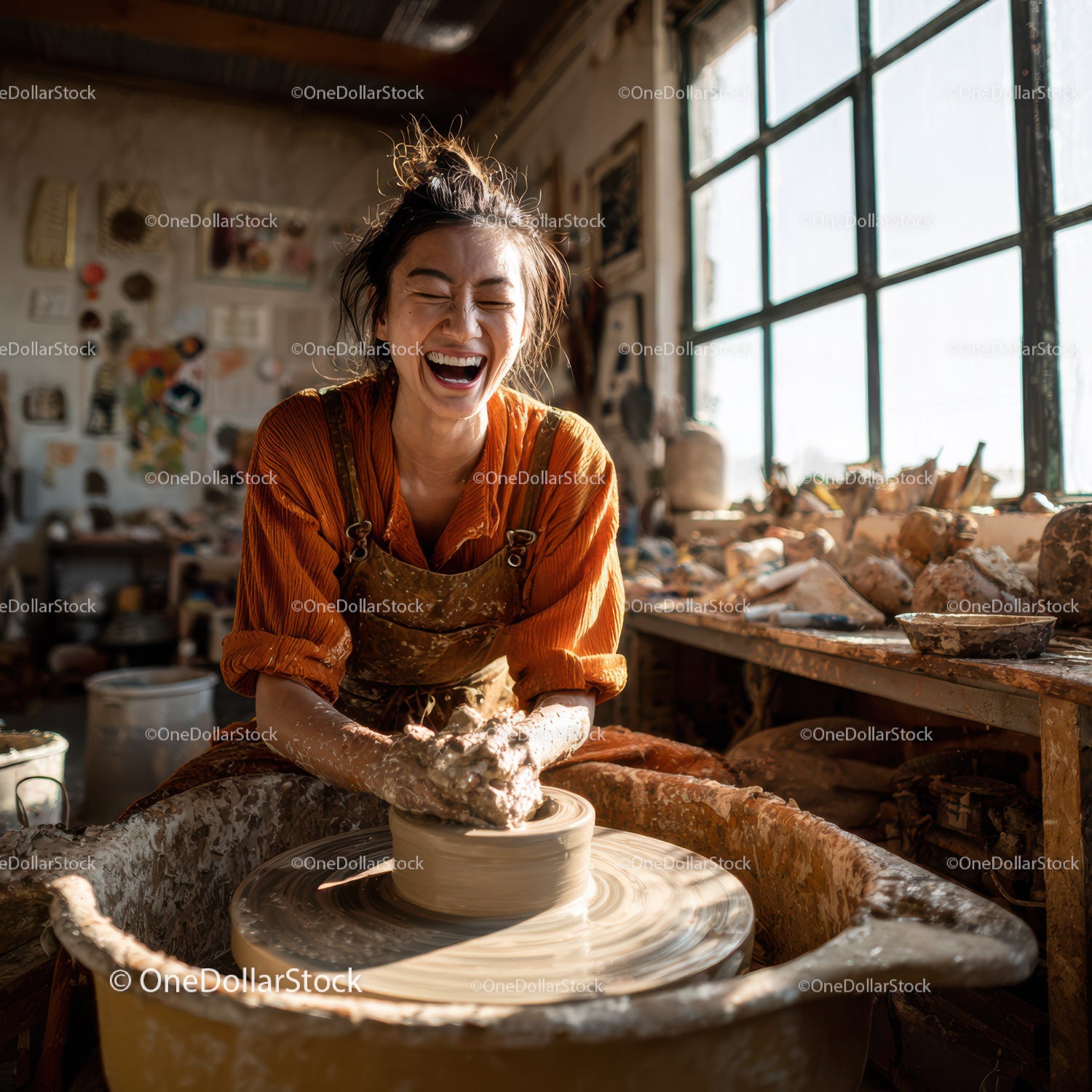 Joyful Woman Creating Handmade Pottery in Artistic Studio