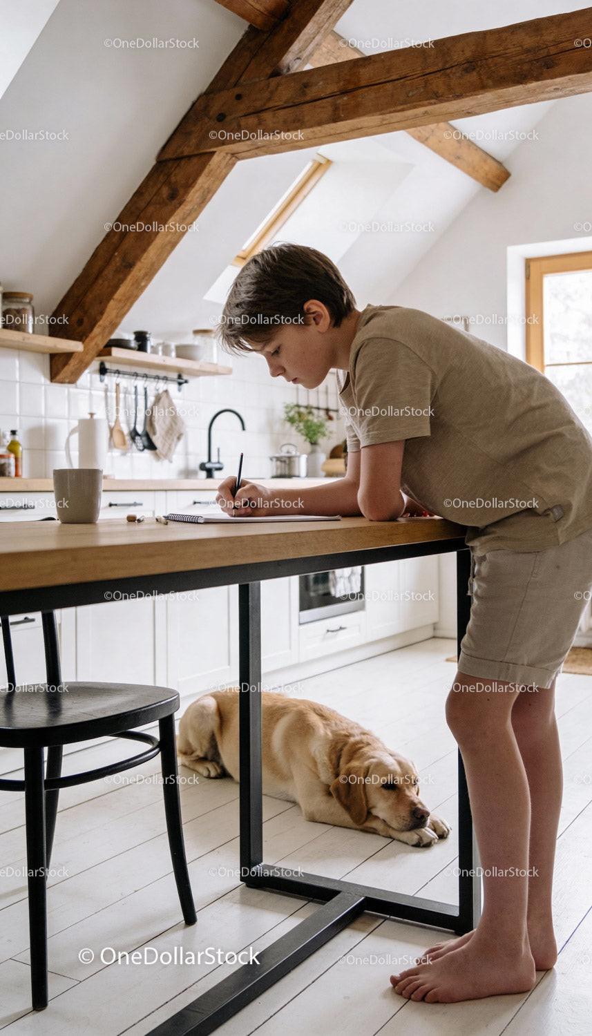 Boy Leaning on Table Writing with Dog Resting Nearby