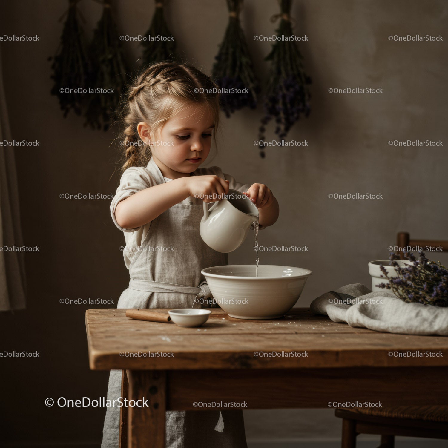 Dziewczynka ostrożnie wlewa wodę do ceramicznej miski w pomieszczeniu