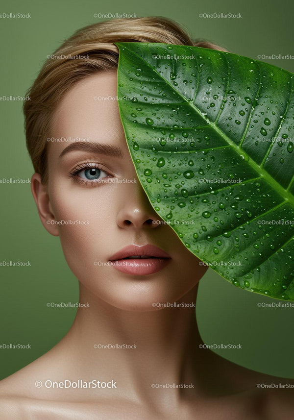 Close-up of Woman with Green Leaf and Dew Drops for Natural Beauty