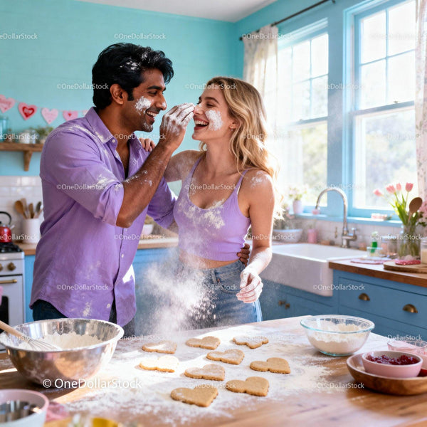 Couple playfully baking heart cookies in bright kitchen
