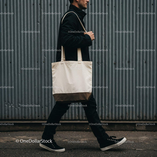 Man walking with canvas tote bag against metal wall JPG Mockup Image