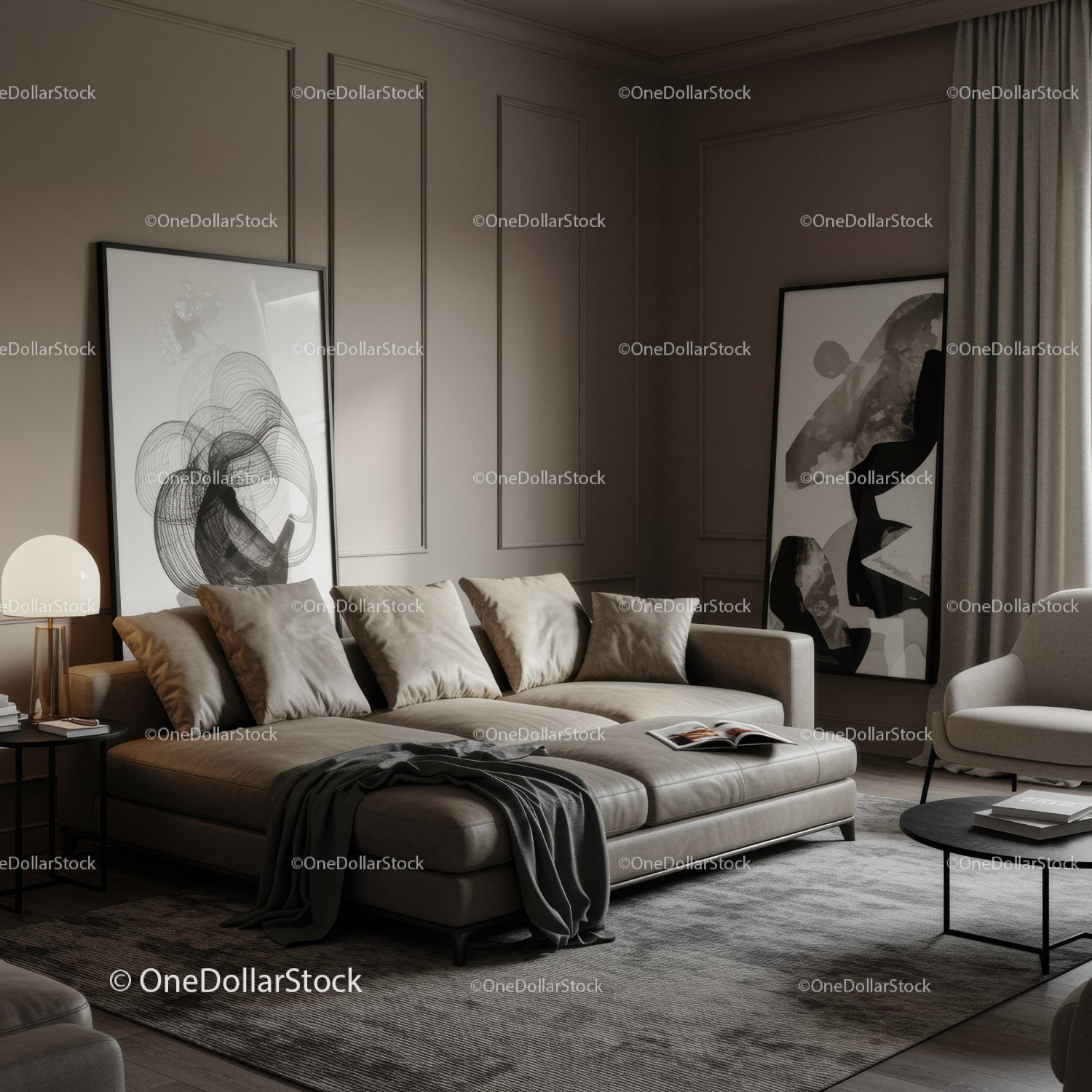 Elegancki, nowoczesny salon ze sztuką abstrakcyjną i beżową sofą
