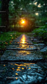 Sunset Reflected on Rainy Water with Glowing Raindrops