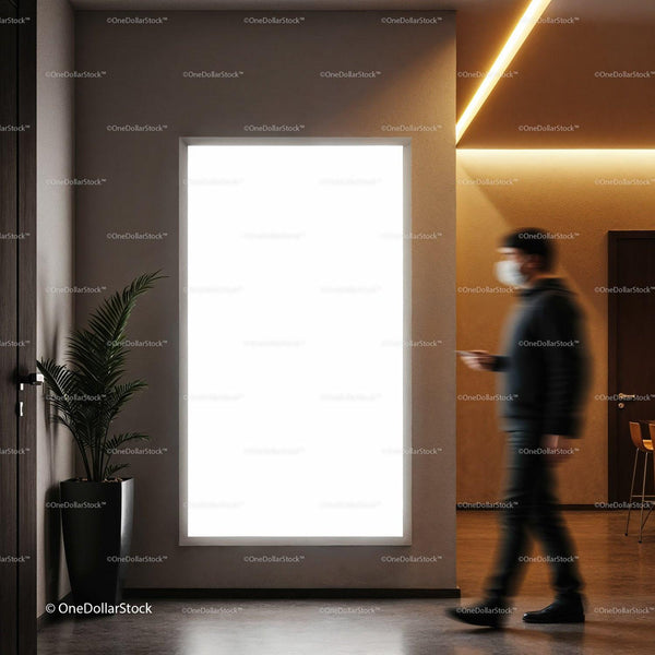 Man walking past illuminated blank poster in modern interior JPG Mockup Image
