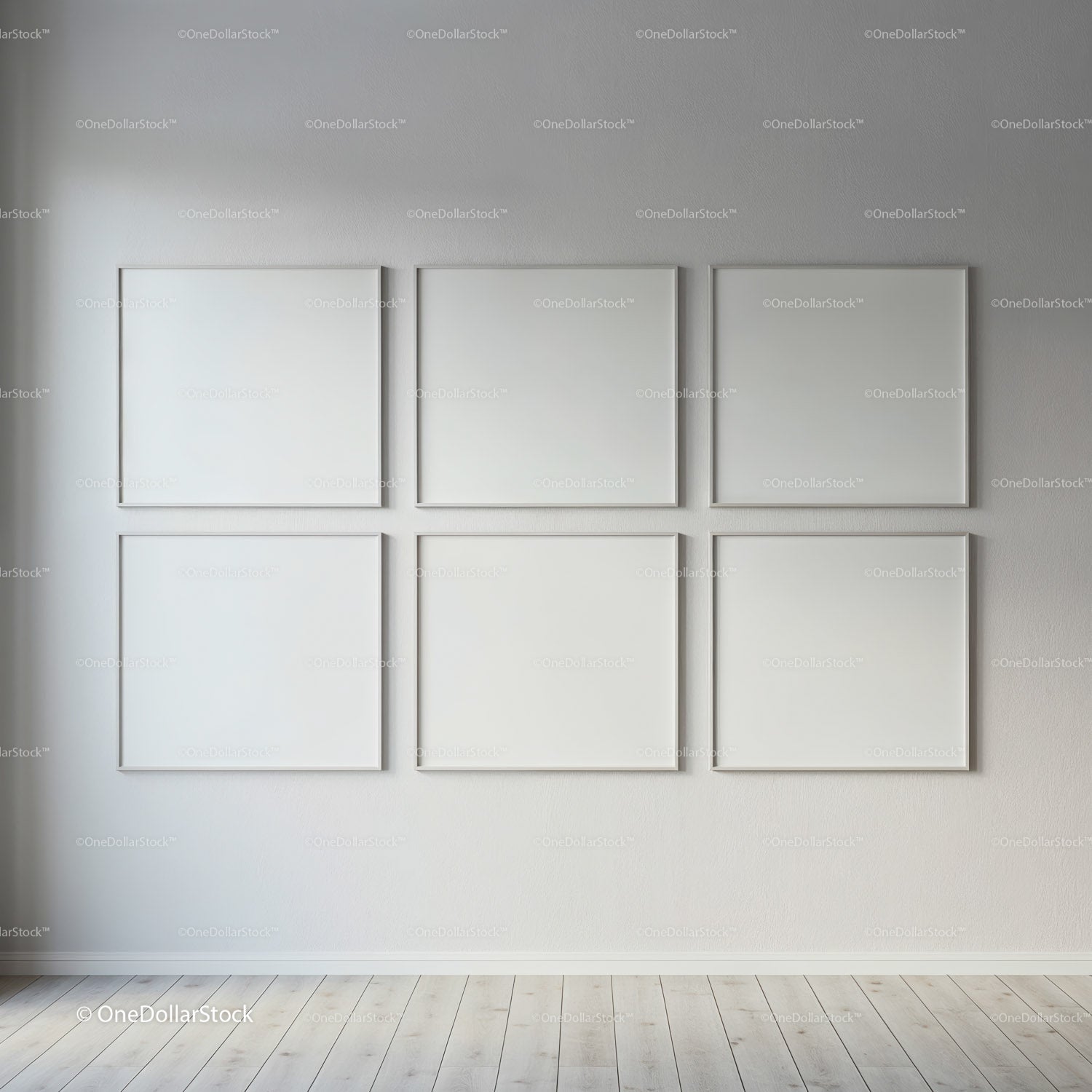Minimalist gallery wall with six blank white frames