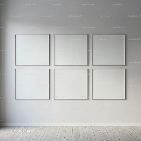 Minimalist gallery wall with six blank white frames JPG Mockup Image