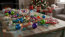 Colorful Christmas Ornaments and Lights on Rustic Table