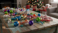 Colorful Christmas Ornaments and Lights on Rustic Table