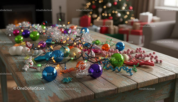 Colorful Christmas Ornaments and Lights on Rustic Table