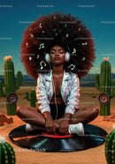 Woman enjoying music meditation in desert oasis